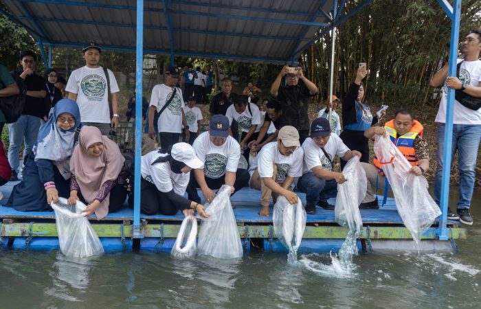 Penebaran Benih Ikan Lokal ke Kali Surabaya Peserta menebarkan benih ikan lokal ke Kali Surabaya dari atas perahu